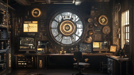 Vintage interior of a control room in a spaceship. 3D renderingの写真素材