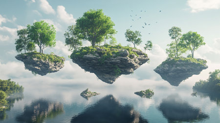 Green trees on a island in the sea. 3d render illustrationの写真素材