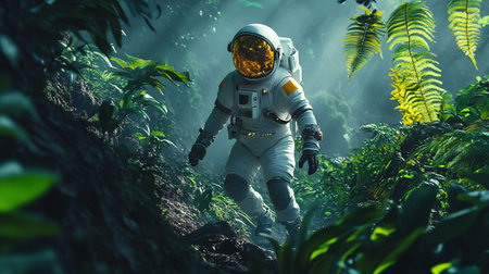 Astronaut in deep rainforest. Mixed media.の写真素材