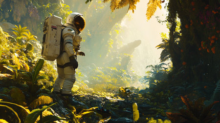 Astronaut in the deep tropical rainforest. 3d renderingの写真素材