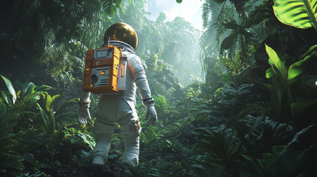 Astronaut walking in the jungle. 3D rendering. Mixed mediaの写真素材