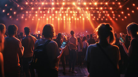 Crowd at a concert in front of a bright stage with lightsの素材