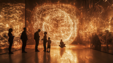 Silhouette of a family in front of a luminous sphereの写真素材