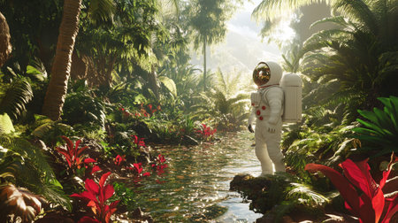 Astronaut in the tropical garden. 3D Rendering.の写真素材
