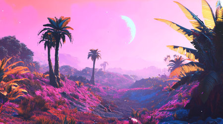 Fantasy landscape with palm trees and purple sky. Digital painting.の写真素材