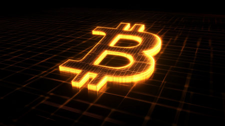 Bitcoin symbol on a dark background. 3D rendering. Neon sign.の写真素材