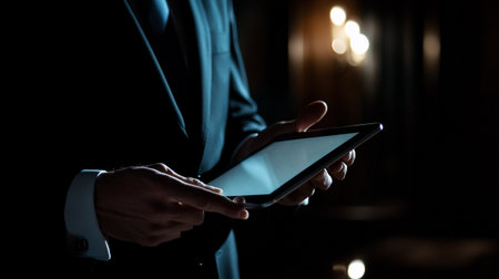 Businessman using tablet computer with bitcoin symbol. Cryptocurrency conceptの写真素材