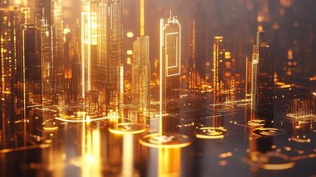 Futuristic cityscape with glowing lights. 3d rendering toned imageの写真素材