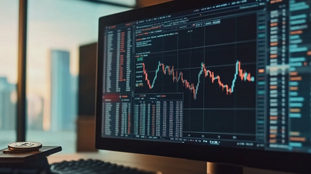 Close up of computer monitor with stock market data on screen. Stock market conceptの写真素材