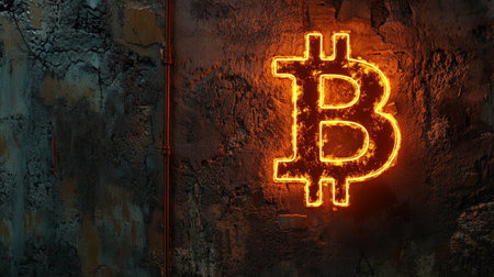 Neon bitcoin sign on dark background. Cryptocurrency concept.の写真素材