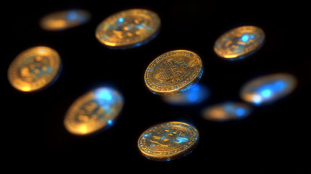 Gold coins on black background. Computer generated 3D photo rendering.の素材