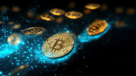 Golden bitcoin on a dark background. Cryptocurrency concept. 3D illustrationの写真素材