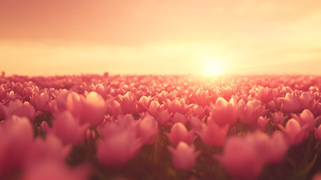 Beautiful tulip field at sunset. Nature background. 3d renderの写真素材