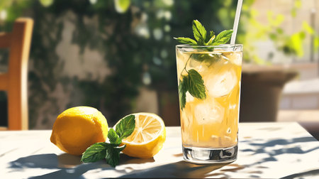 Glass of tasty lemonade with mint on table outdoors, closeupの素材
