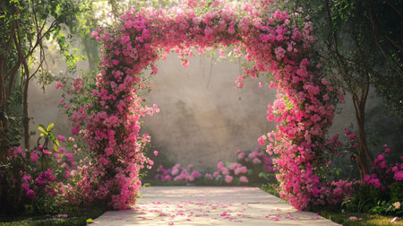 Beautiful arch in the garden with pink bougainvillea flowersの写真素材