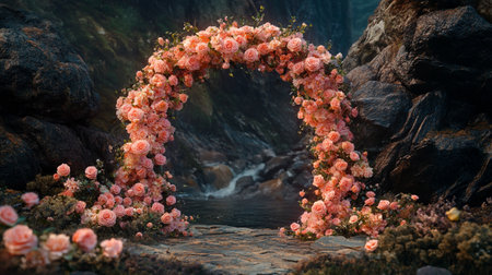 Wedding arch made of pink roses and stones with a waterfall backgroundの写真素材