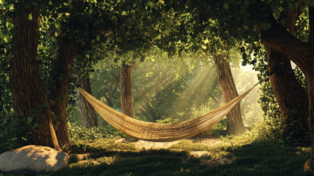 Hammock in the shade of trees in the morning. 3d renderの写真素材