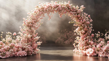 Beautiful wedding arch decorated with pink flowers. 3d rendering.の写真素材