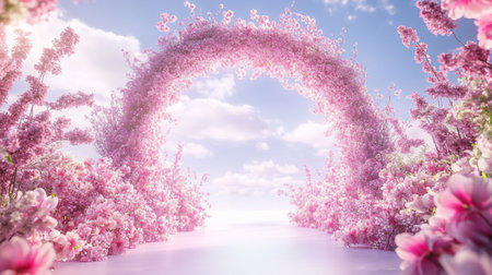 Beautiful spring background with flowers and arch. 3d illustration.の写真素材