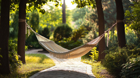 Hammock in the park on a sunny summer day. Vacation conceptの写真素材