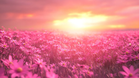 Pink cosmos flowers field at sunset. Beautiful nature landscape panorama.の写真素材