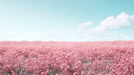 Pink flower field and blue sky with white clouds. 3d renderingの写真素材