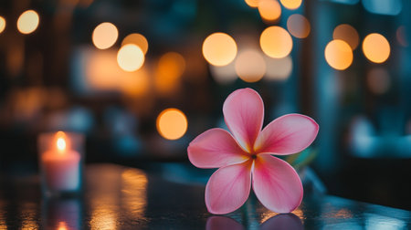 Pink frangipani flower on the table with bokeh backgroundの写真素材