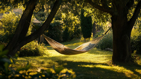 Hammock in the garden at sunset. Beautiful summer landscape.の素材