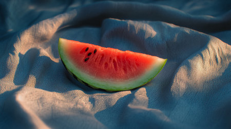 Slice of watermelon on a blue cloth. Toned.の写真素材