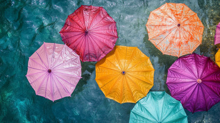 Colorful umbrellas on a blue background. Top view.の写真素材