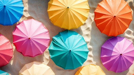 Colorful umbrellas on the beach. Summer background. Top view.の写真素材