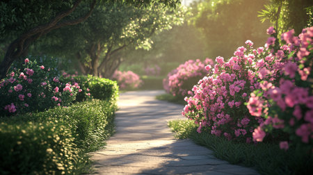 Beautiful flower garden in the morning with sunlight. Vintage tone.の写真素材