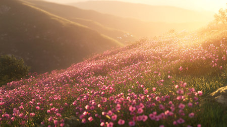 Flower meadow in the mountains at sunset. Beautiful summer landscape.の写真素材
