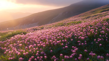 Beautiful mountain meadow with pink clover flowers at sunset.の写真素材