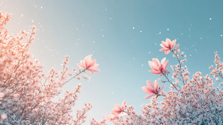 Beautiful pink magnolia flowers blooming on blue sky background.の写真素材