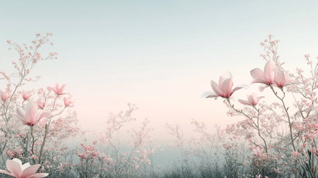 Pink magnolia flowers in the forest. Spring background. Digital illustration.の写真素材