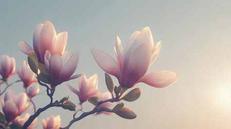 Magnolia flowers on blue sky background. Filtered image processed vintage effect.の写真素材