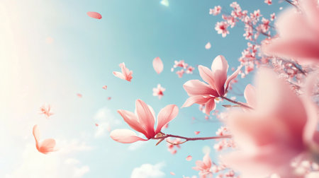 Beautiful pink magnolia flowers on blue sky background. Cherry blossomの写真素材
