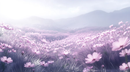 Cosmos flowers blooming in the meadow with mountain background.の写真素材