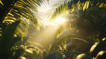 Palm trees in the morning light. Tropical nature background. Close up.の写真素材