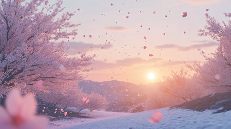 Cherry blossoms in full bloom in a snowy landscape at sunsetの写真素材