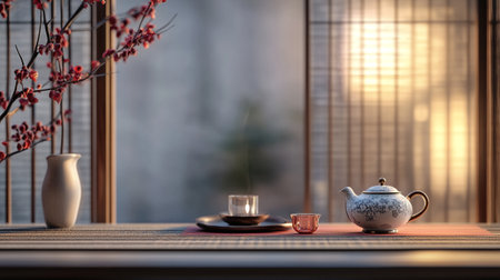 Tea set on the table in the room. 3d rendering.の写真素材