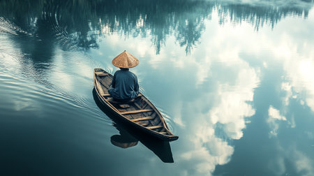 Rear view of a man in a boat on the lake.の写真素材