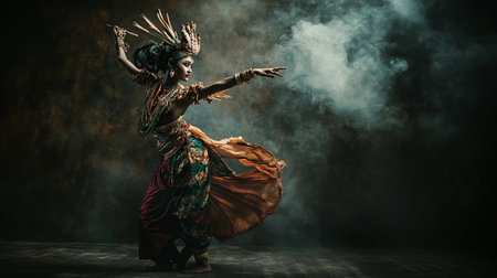 Beautiful young woman in oriental costume dancing on dark background with smokeの写真素材