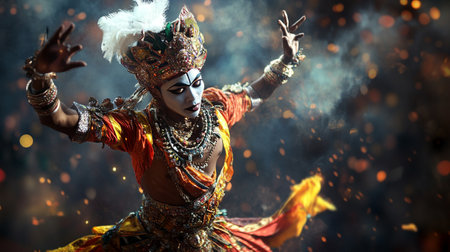 Beautiful woman in a carnival costume dancing in the dark with fire.の写真素材