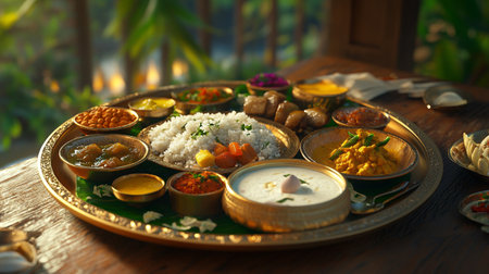 Indian food in golden tray on wooden table. Traditional Indian cuisine.の写真素材