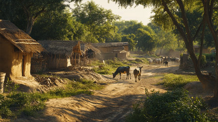 Village with goats in the morning.の写真素材
