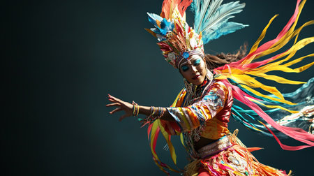 Beautiful young woman in ethnic costume dancing tribal dance on dark backgroundの写真素材