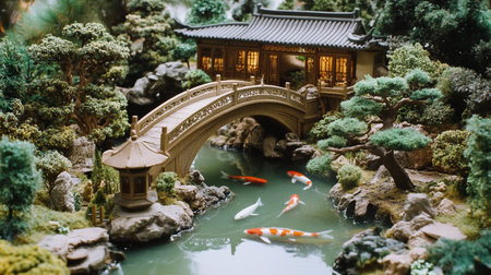 Miniature of a Japanese garden with goldfish and a bridge.の写真素材