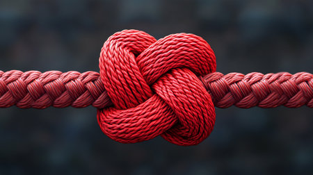 Red rope knot on dark background. Rope tied in a knot.の素材